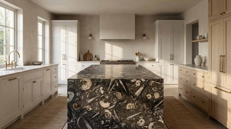 Stone That Tells Time: The Designers Using Fossiliferous Marble to Anchor a Room
