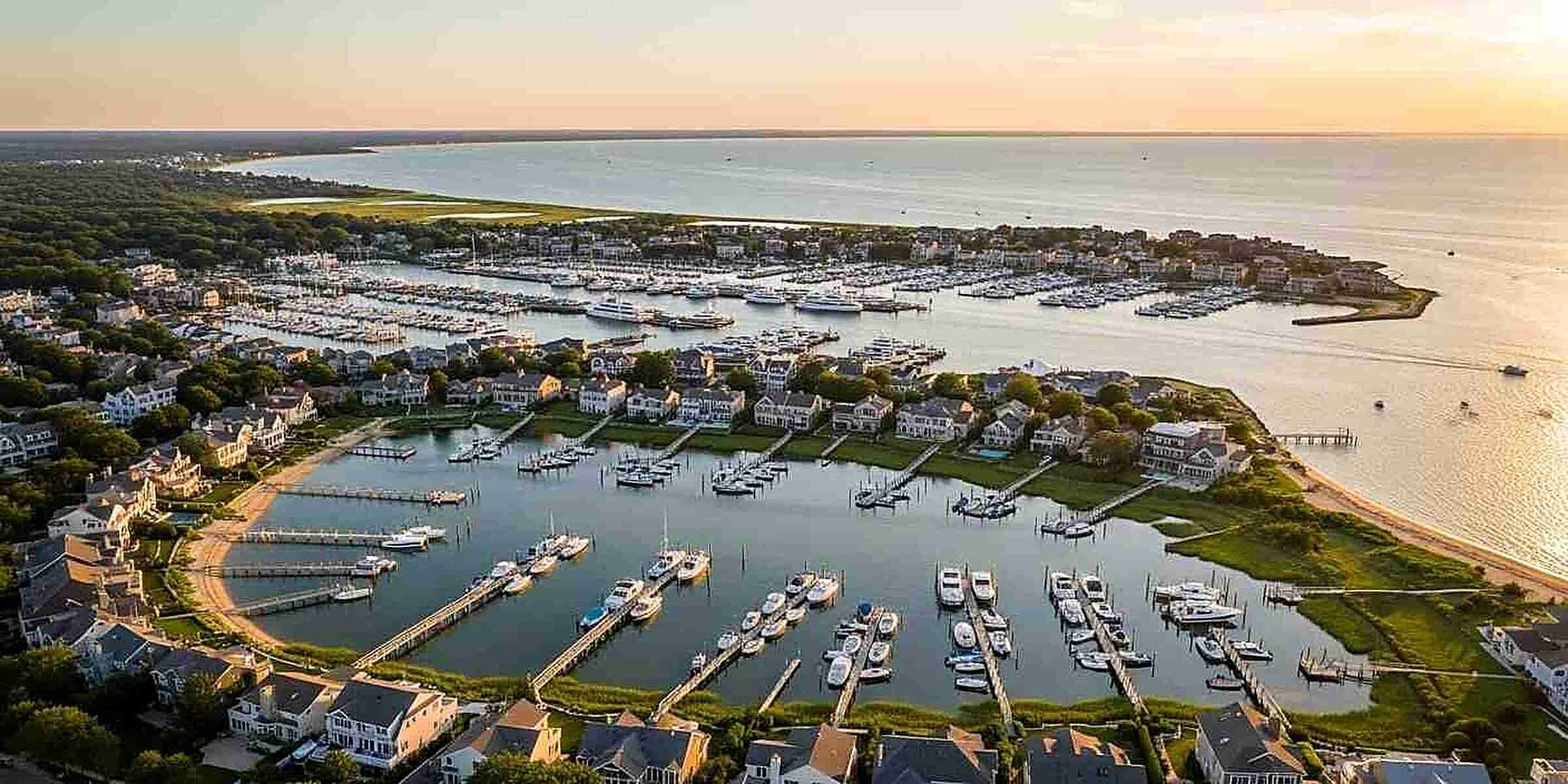 Aerial view of a Long Island harbor at sunset