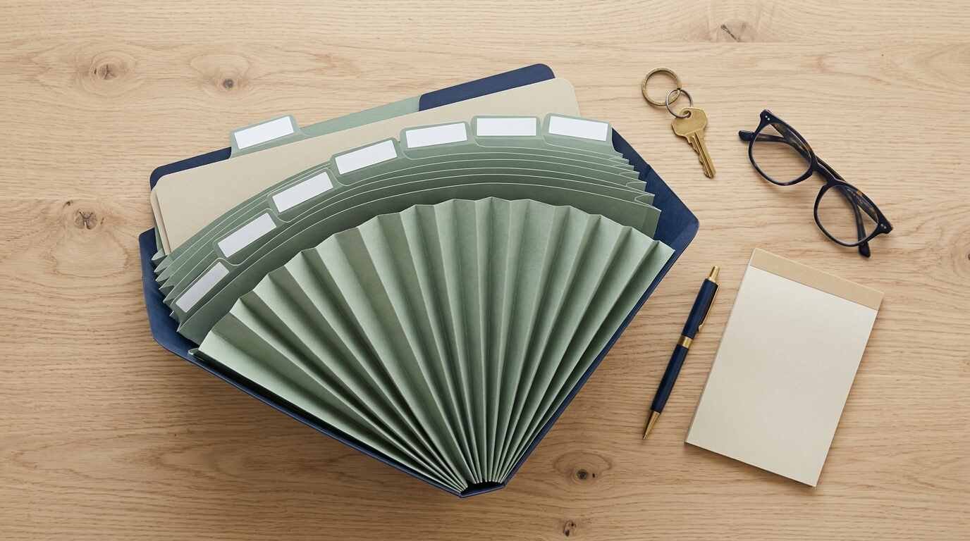 Accordion folder fanned open with a house key and reading glasses