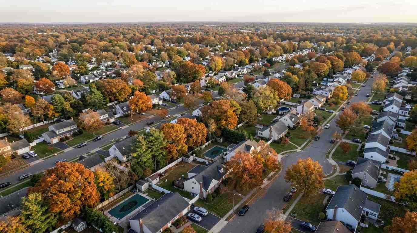Aerial view of a Long Island suburban neighborhood in autumn