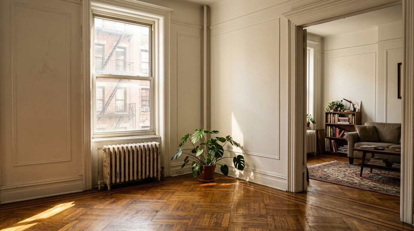 Bright New York apartment interior with herringbone floors and a radiator