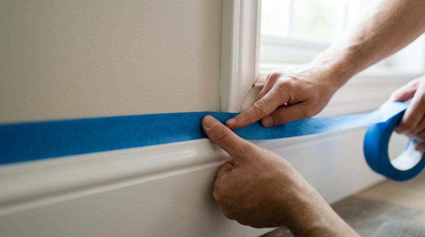 Painter's tape pressed along a baseboard