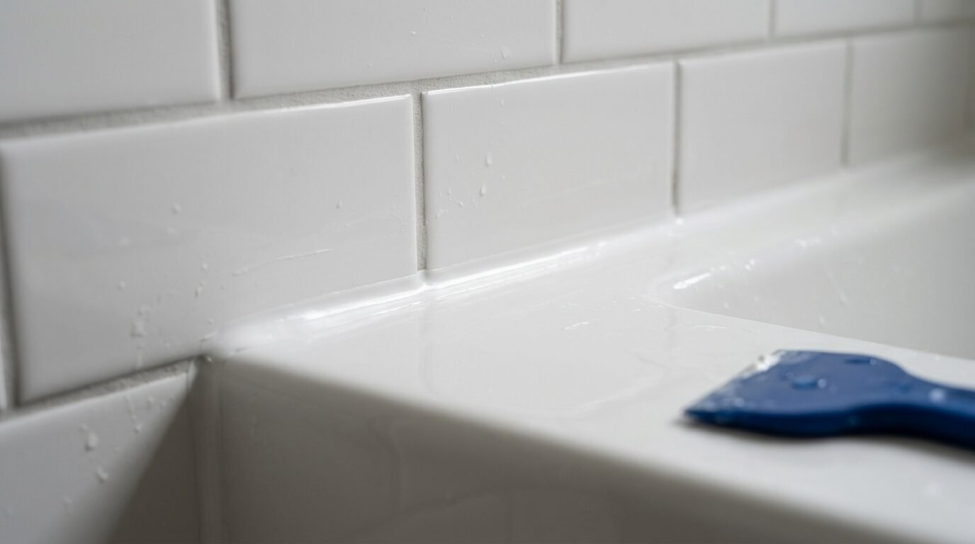Fresh white caulk line where a bathtub meets subway tile