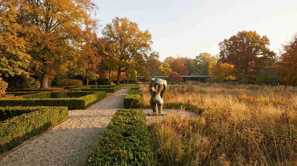 Garden courtyard with a bronze sculpture beside a modernist house