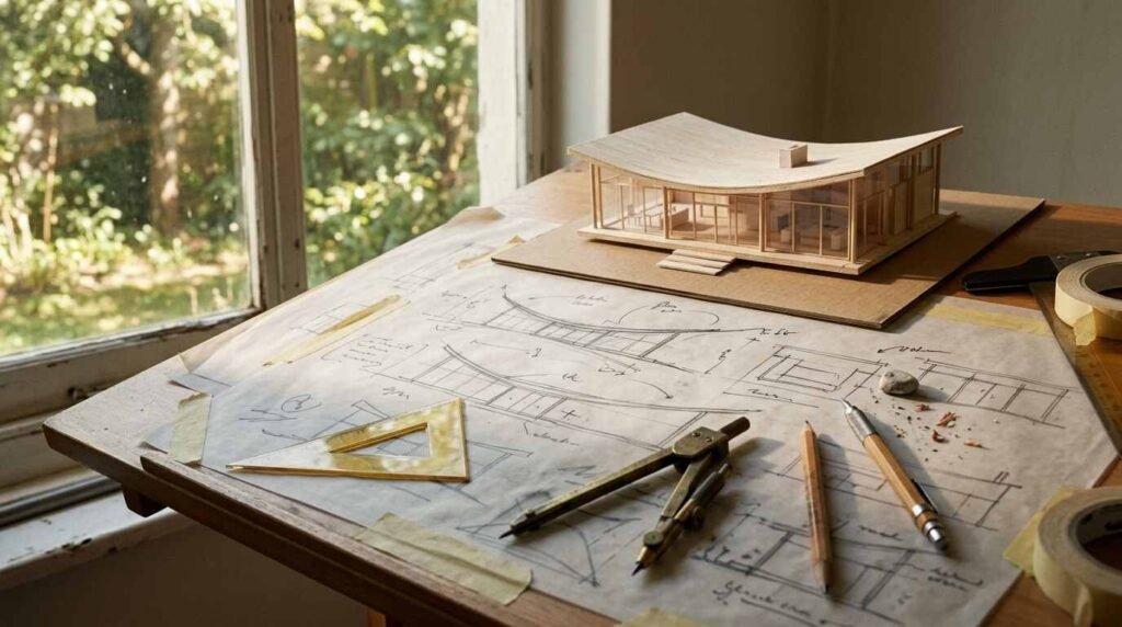 Architect's drafting tools on a worktable