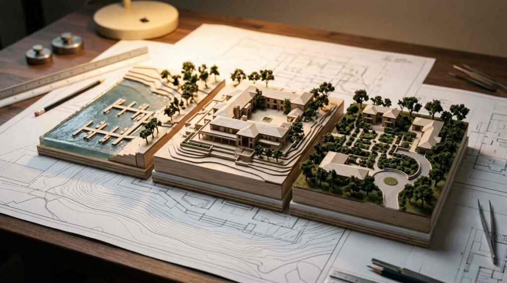 Architect's scale model of a waterfront estate split into three sections