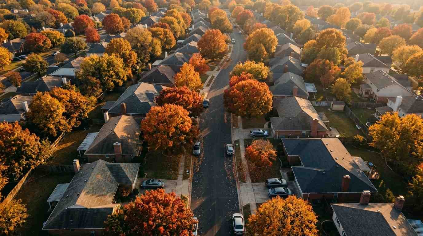 Aerial view of a tree-lined suburban street with red and gold autumn foliage