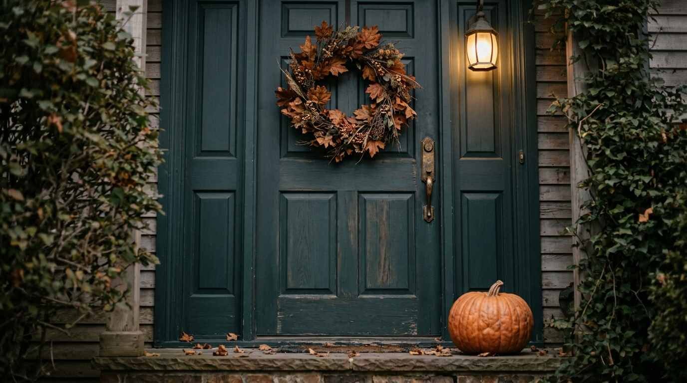 A painted front door with an autumn wreath and a pumpkin on the porch step