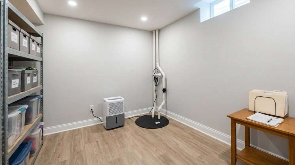 Dry finished basement with dehumidifier and sump pump