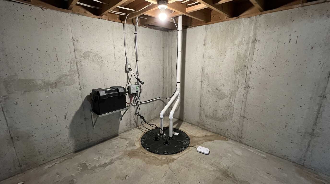 Basement sump pit with a battery backup pump and water sensor
