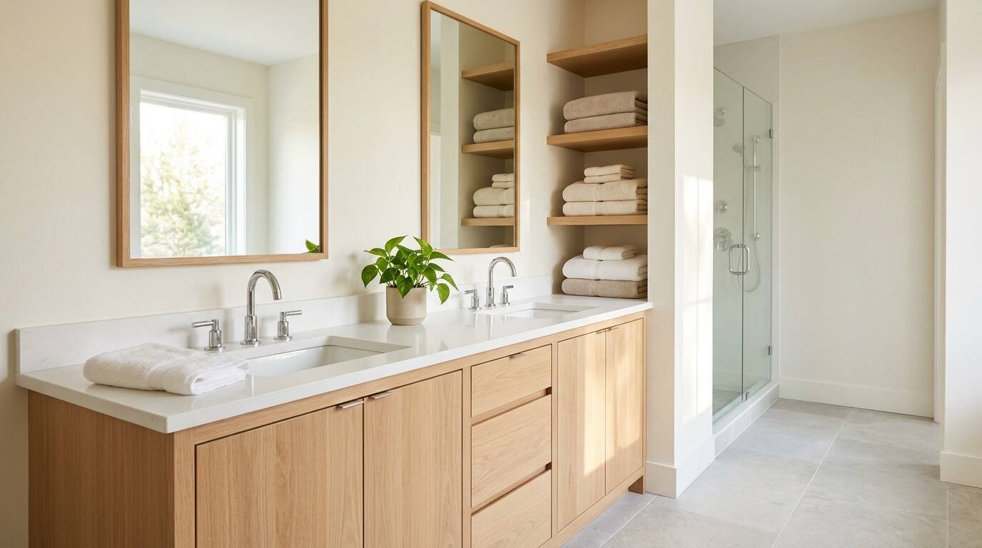 Clean primary bathroom prepared for showings