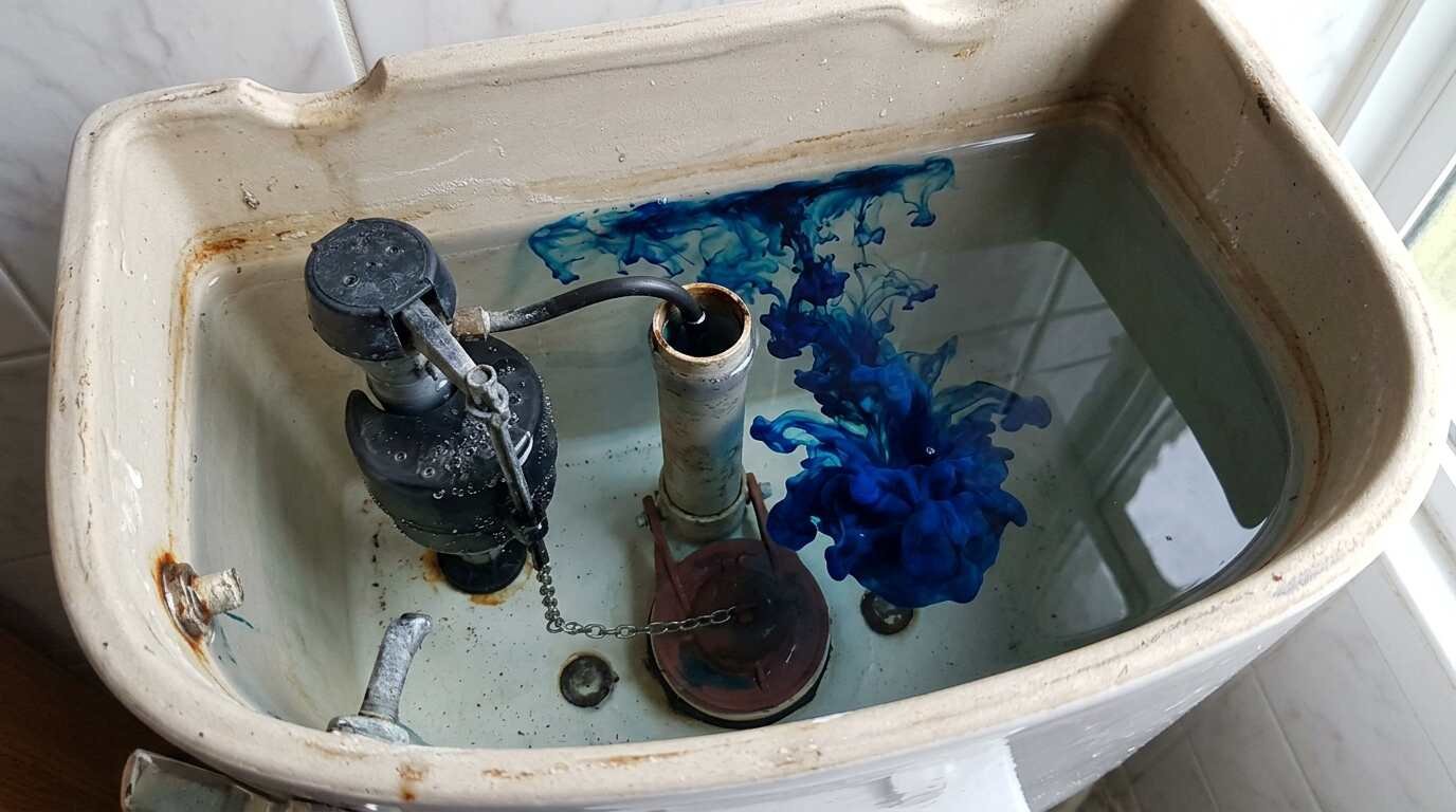 Blue food coloring spreading in toilet tank water