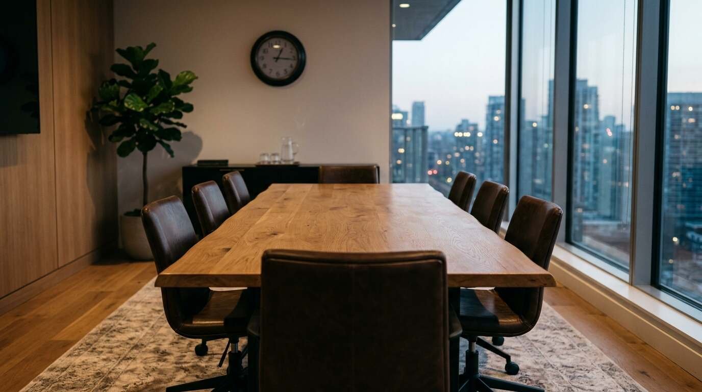 Boardroom with an oak table and empty leather chairs
