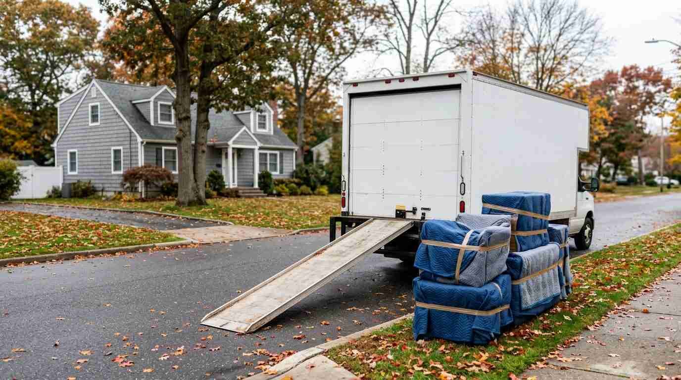 Unmarked box truck with blanket-wrapped furniture on a North Shore street