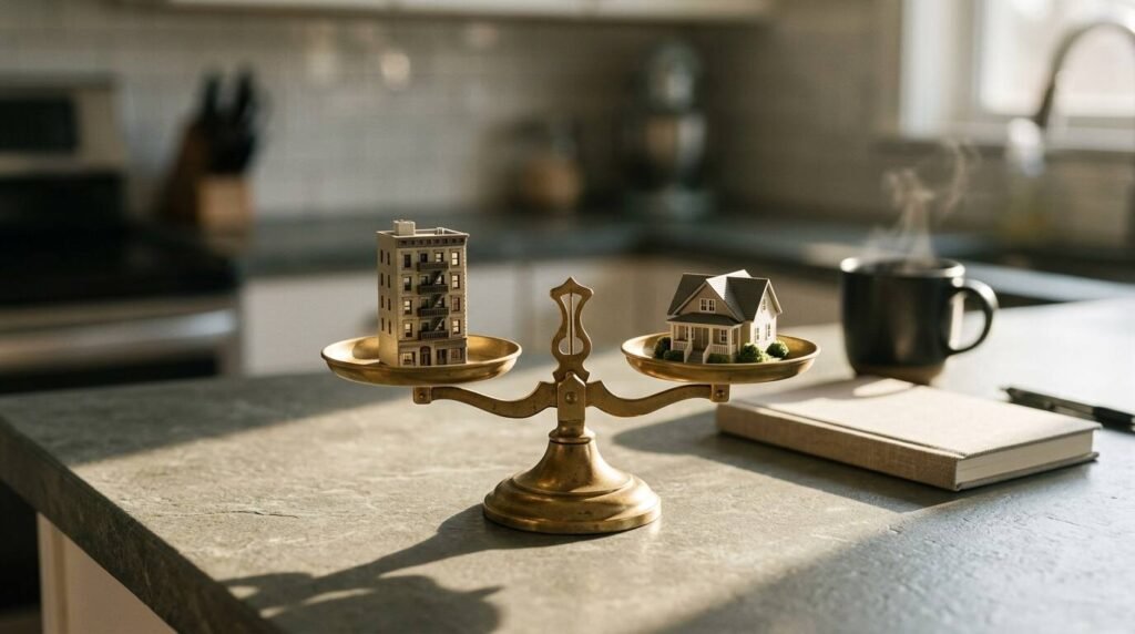 Brass scales balancing an apartment and a house