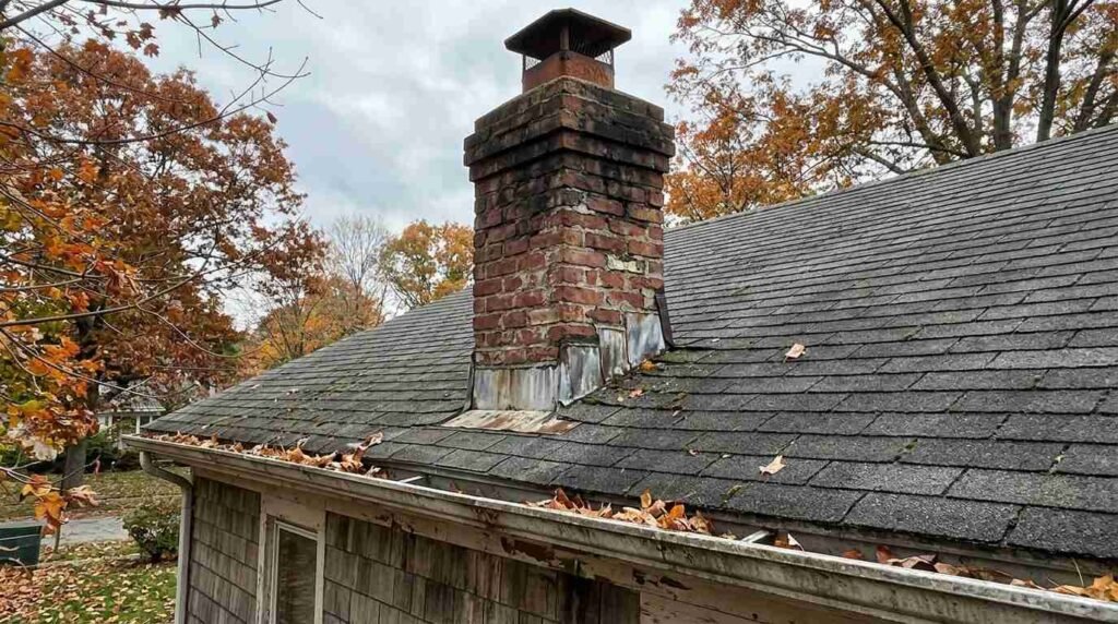 Brick chimney on a shingle roof