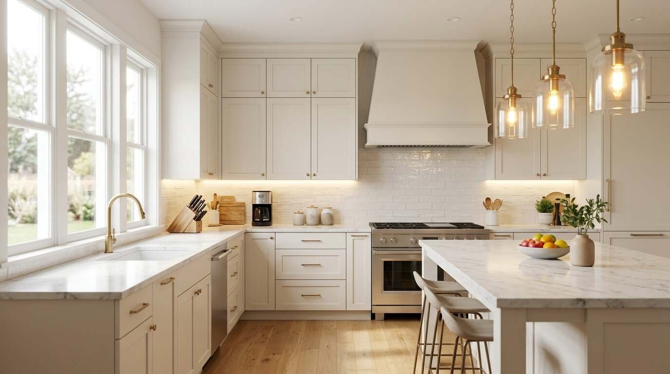 Kitchen with pendant and under-cabinet lights on