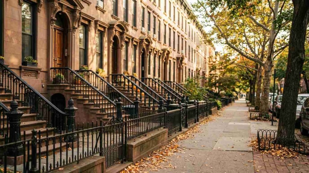 Tree-lined Brooklyn street of brownstone row houses in autumn