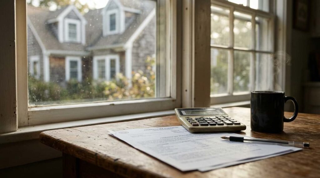 Property tax statement, calculator and coffee mug on a kitchen table