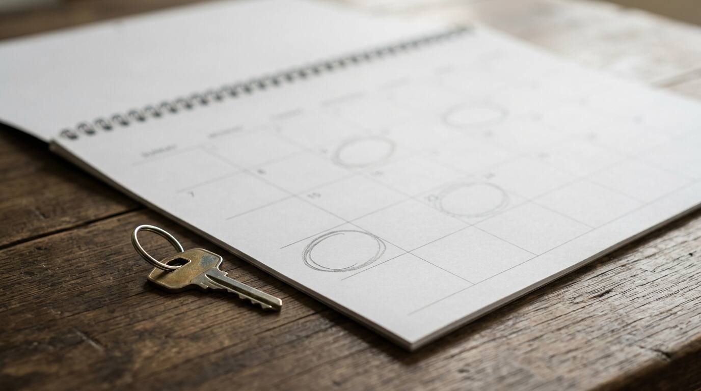 Paper calendar with days circled beside a house key