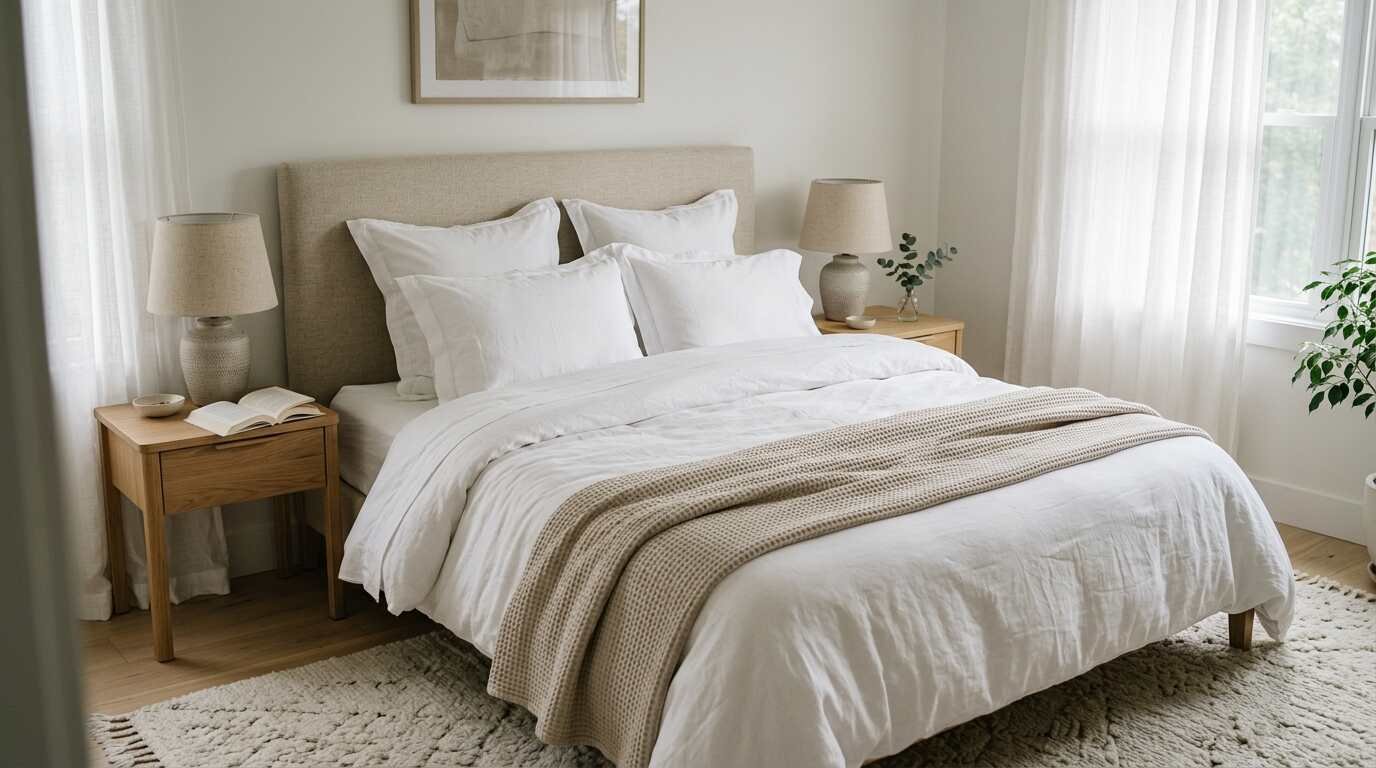 Calm primary bedroom with white hotel-style bedding
