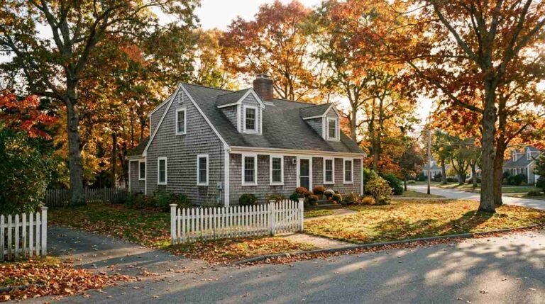 A gray cedar-shingled Cape Cod style house with a white picket fence on a tree-lined street in autumn