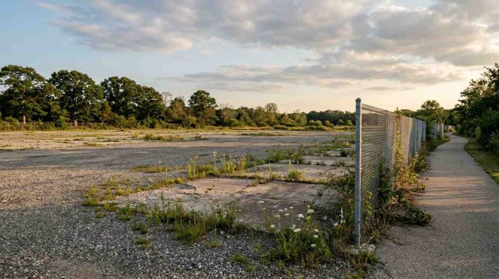 Cleared industrial lot with vegetation growing back