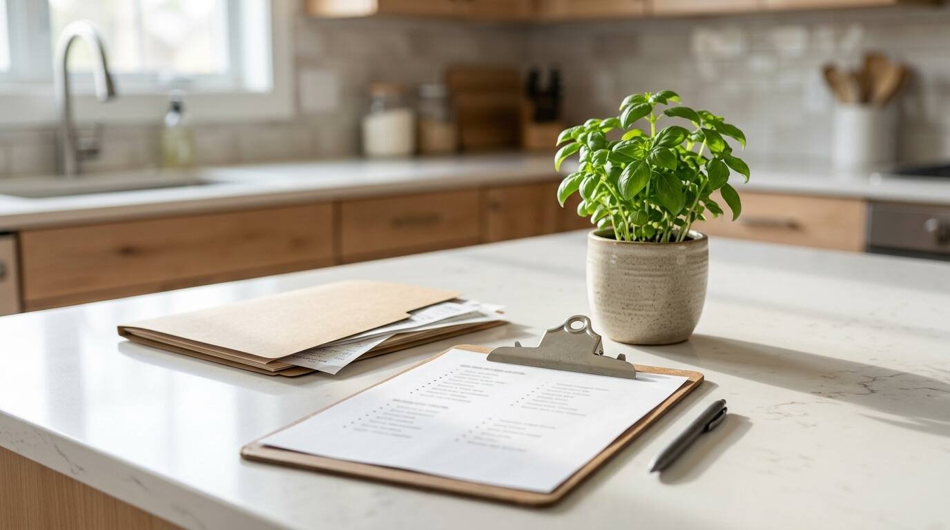 Kitchen counter with a clipboard checklist and folder of receipts