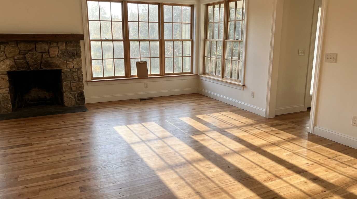 Empty living room with bare hardwood floors and a clipboard on the windowsill