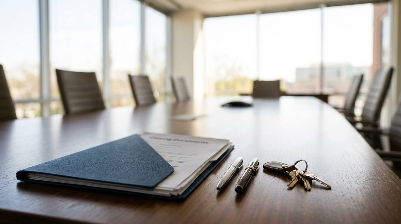 Closing table with documents, pens and keys