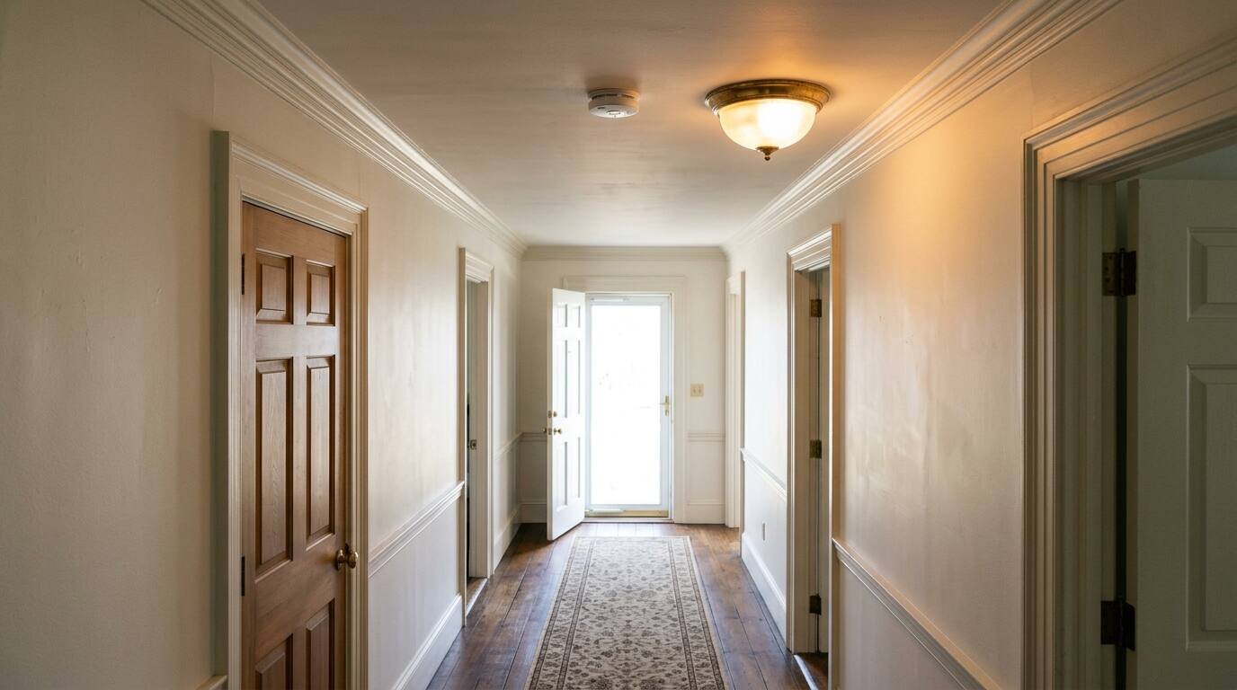 Hallway ceiling with a smoke and carbon monoxide alarm
