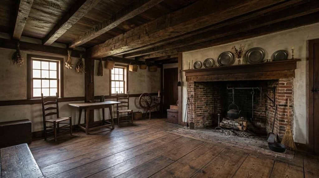 Interior of an early eighteenth-century Long Island colonial with hand-hewn beams and fireplace