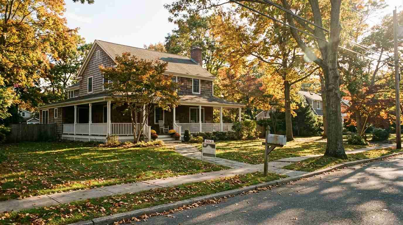 A shingled colonial home on a North Shore street in autumn