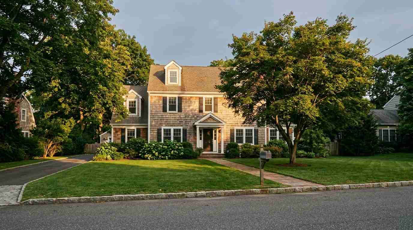 A Long Island shingled colonial home at golden hour