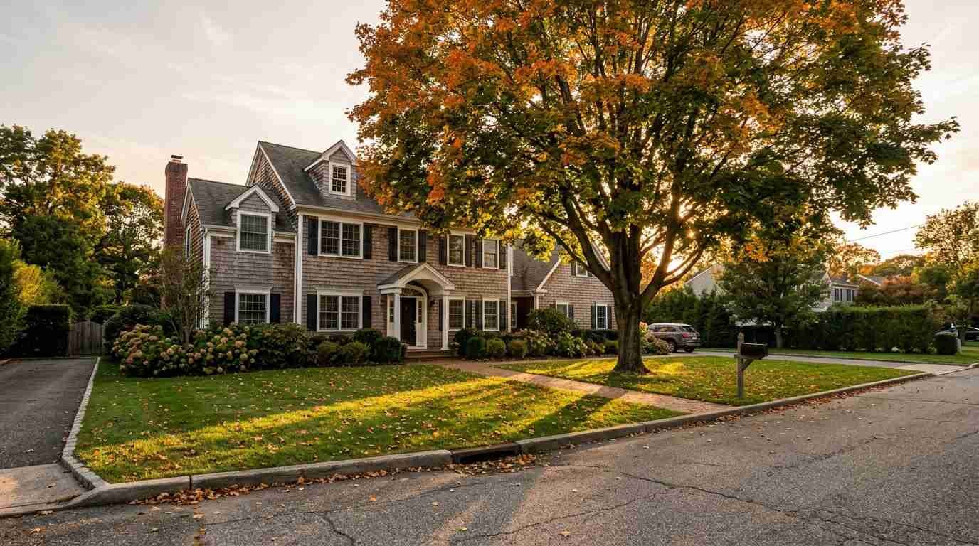 Shingled Long Island colonial home with a maple tree in early autumn