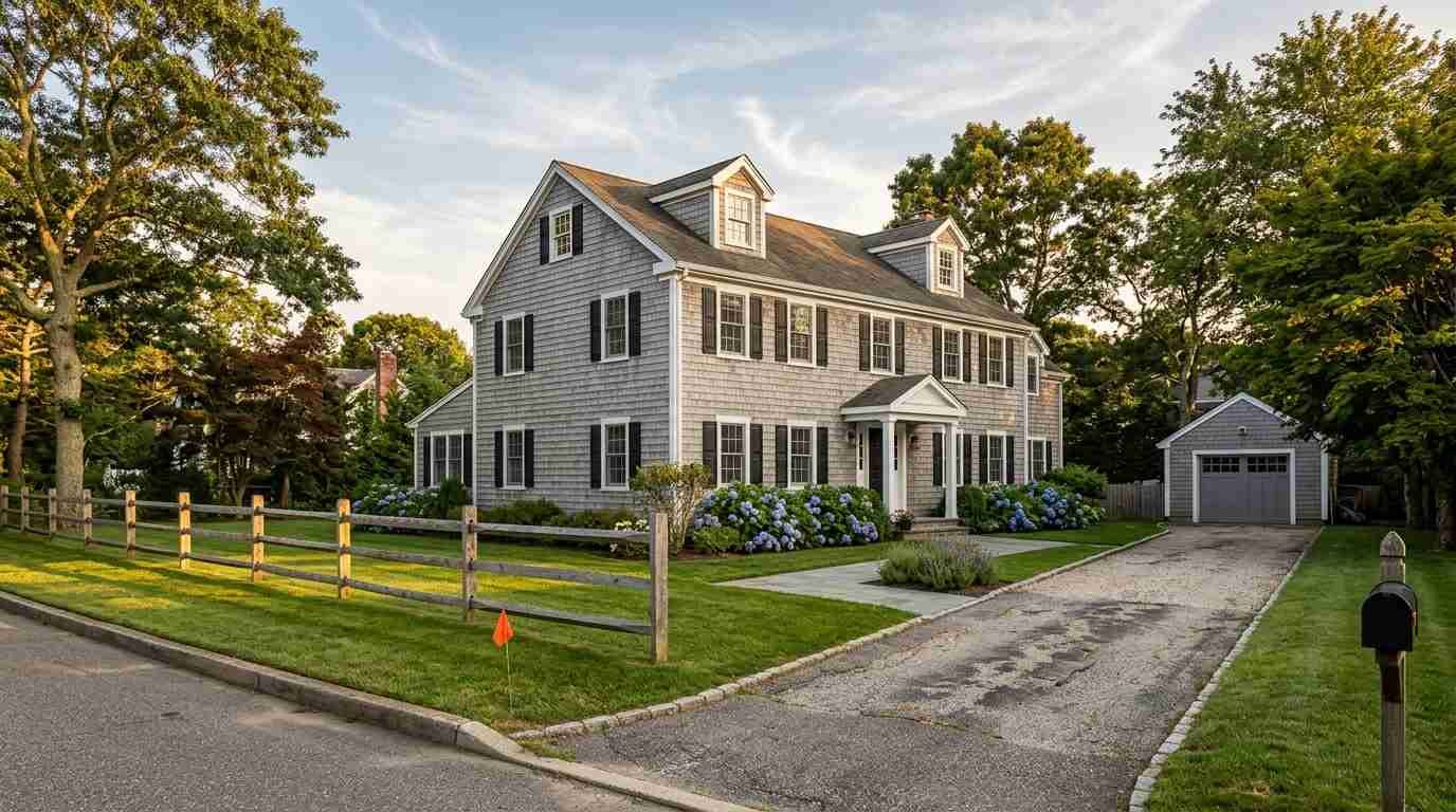 Gray-shingled Long Island colonial with a boundary flag near the fence