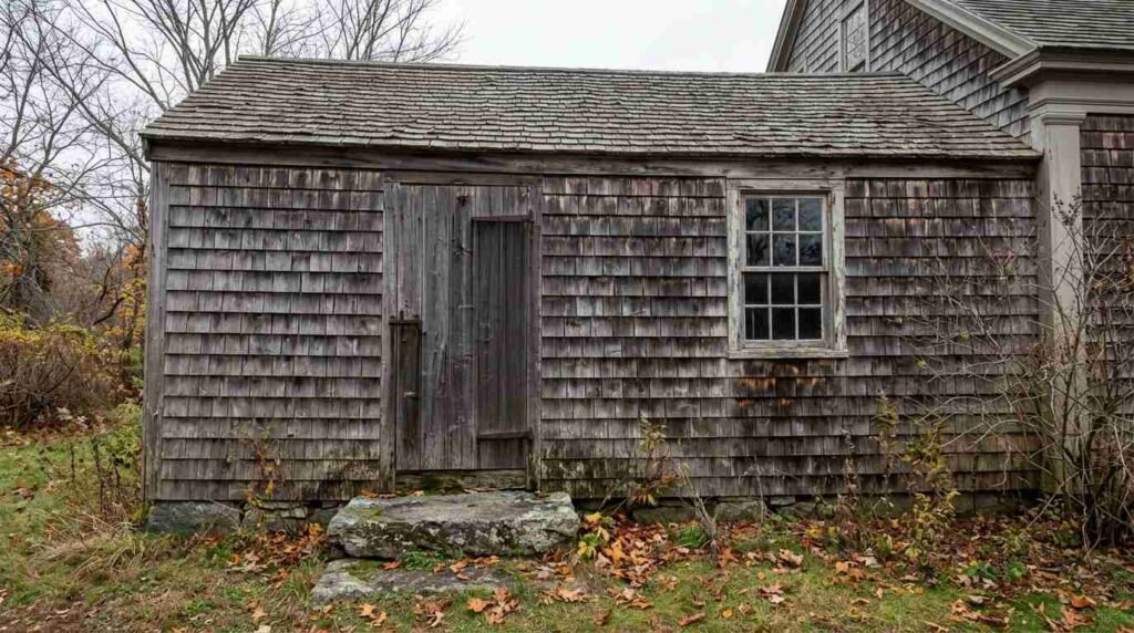 Plain rear wing of an 18th-century shingled colonial house