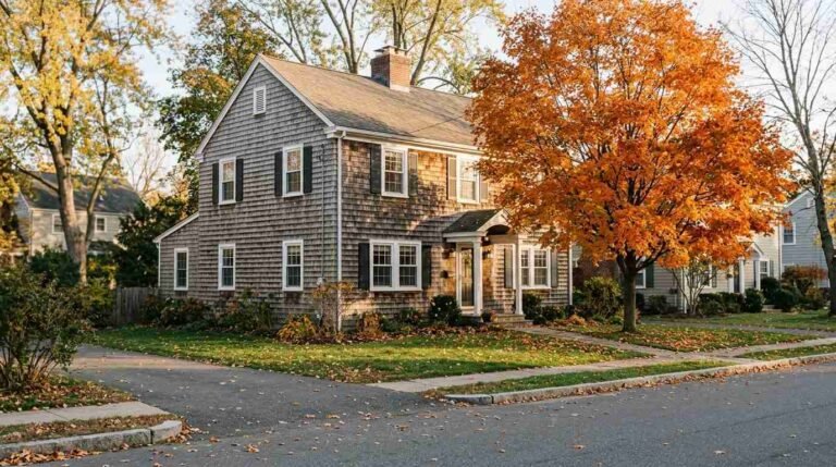 Shingled colonial house with a maple tree in orange autumn color on a quiet suburban street