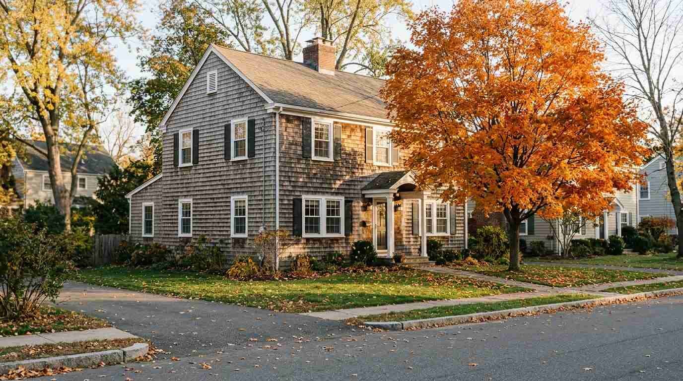 Shingled colonial house with a maple tree in orange autumn color on a quiet suburban street