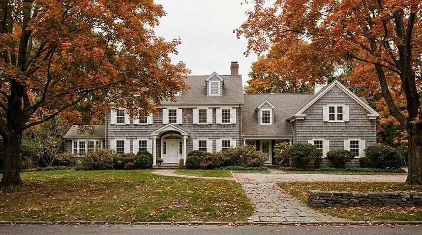 A gray-shingled colonial-style house framed by autumn maple trees