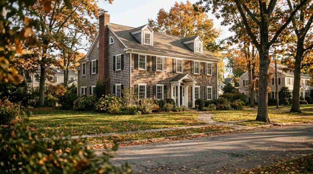 Cedar-shingled Colonial-style home on a quiet tree-lined suburban street in early autumn