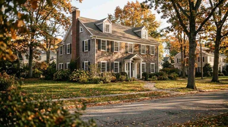 Cedar-shingled Colonial-style home on a quiet tree-lined suburban street in early autumn