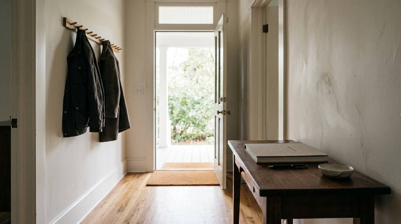 Tidy entry hall with a guest register on a console table