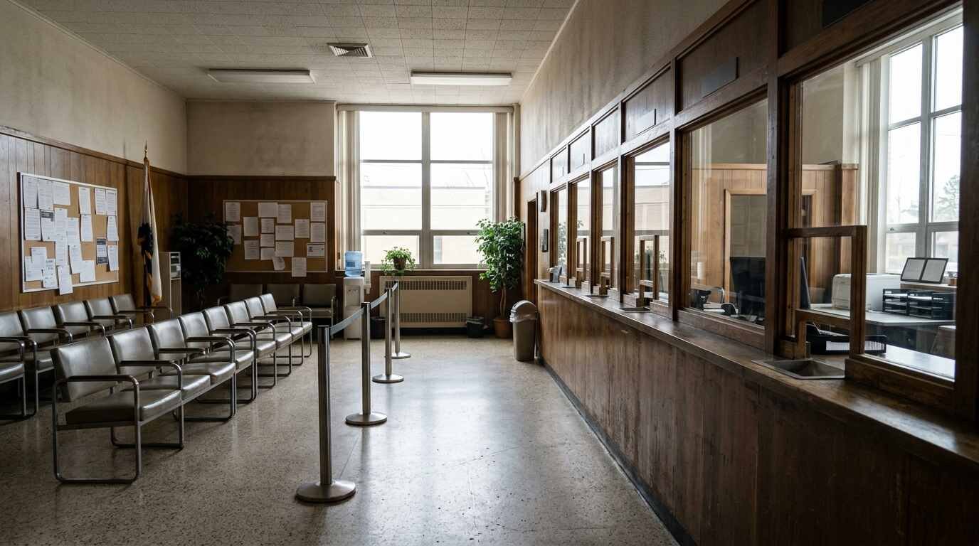 County clerk public service counter with a wooden window