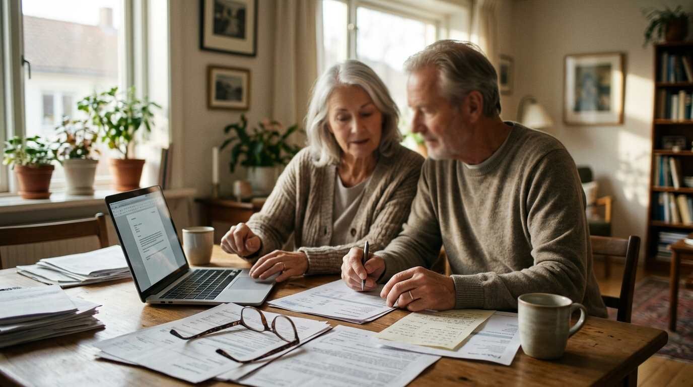 Senior couple reviewing papers on a laptop at a sunlit dining table