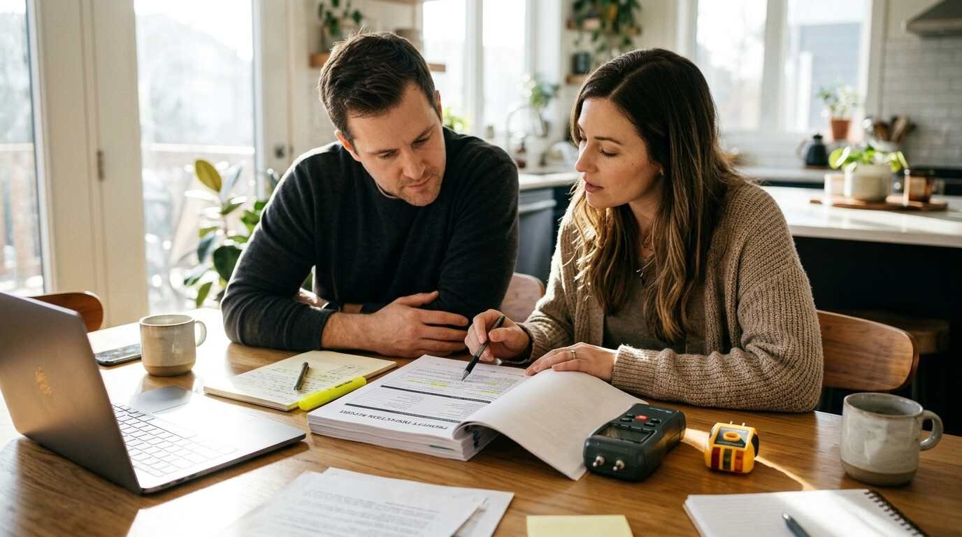 Couple reviewing a printed home inspection report at a kitchen table