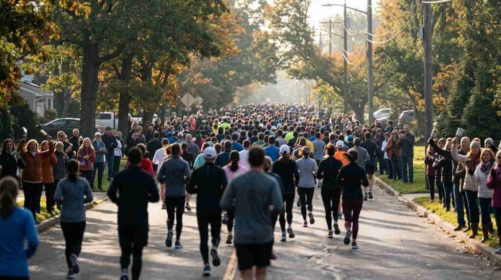 Crowd watching runners on a tree-lined road on race morning