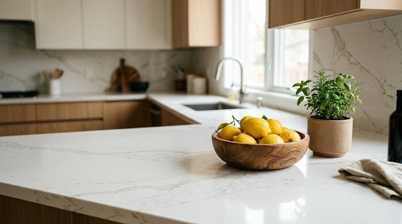 Decluttered kitchen with white quartz counters and a bowl of lemons