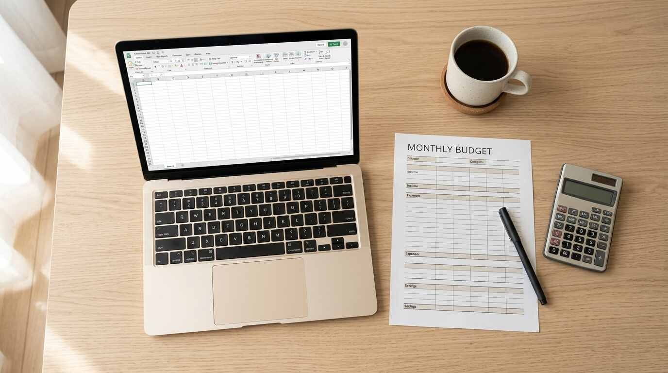 Overhead view of a budget worksheet, calculator and laptop