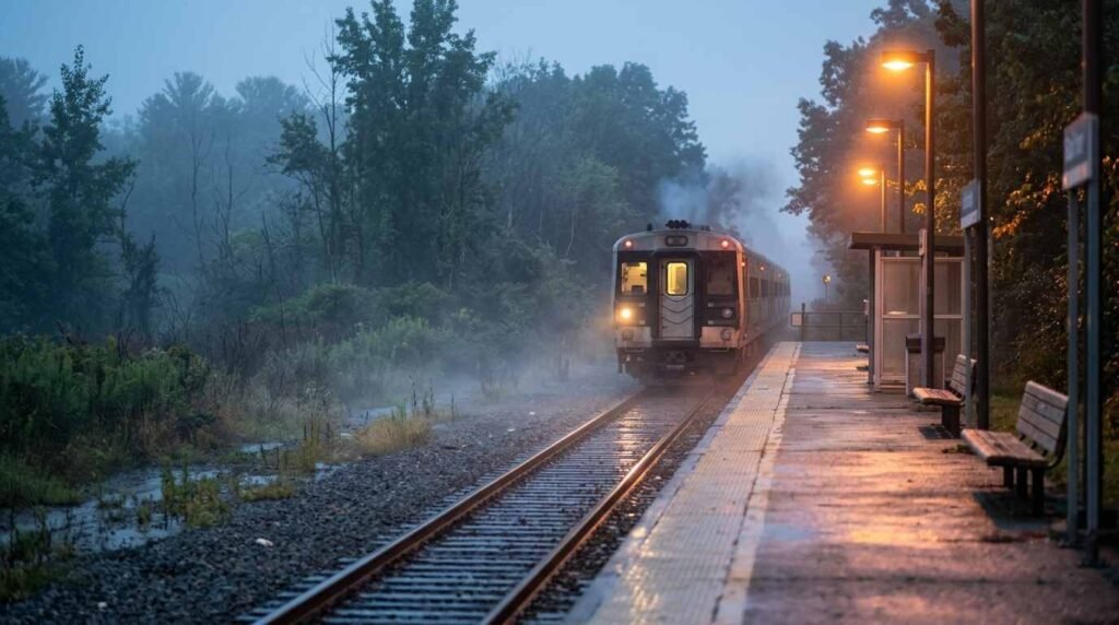 Diesel train arriving at a station